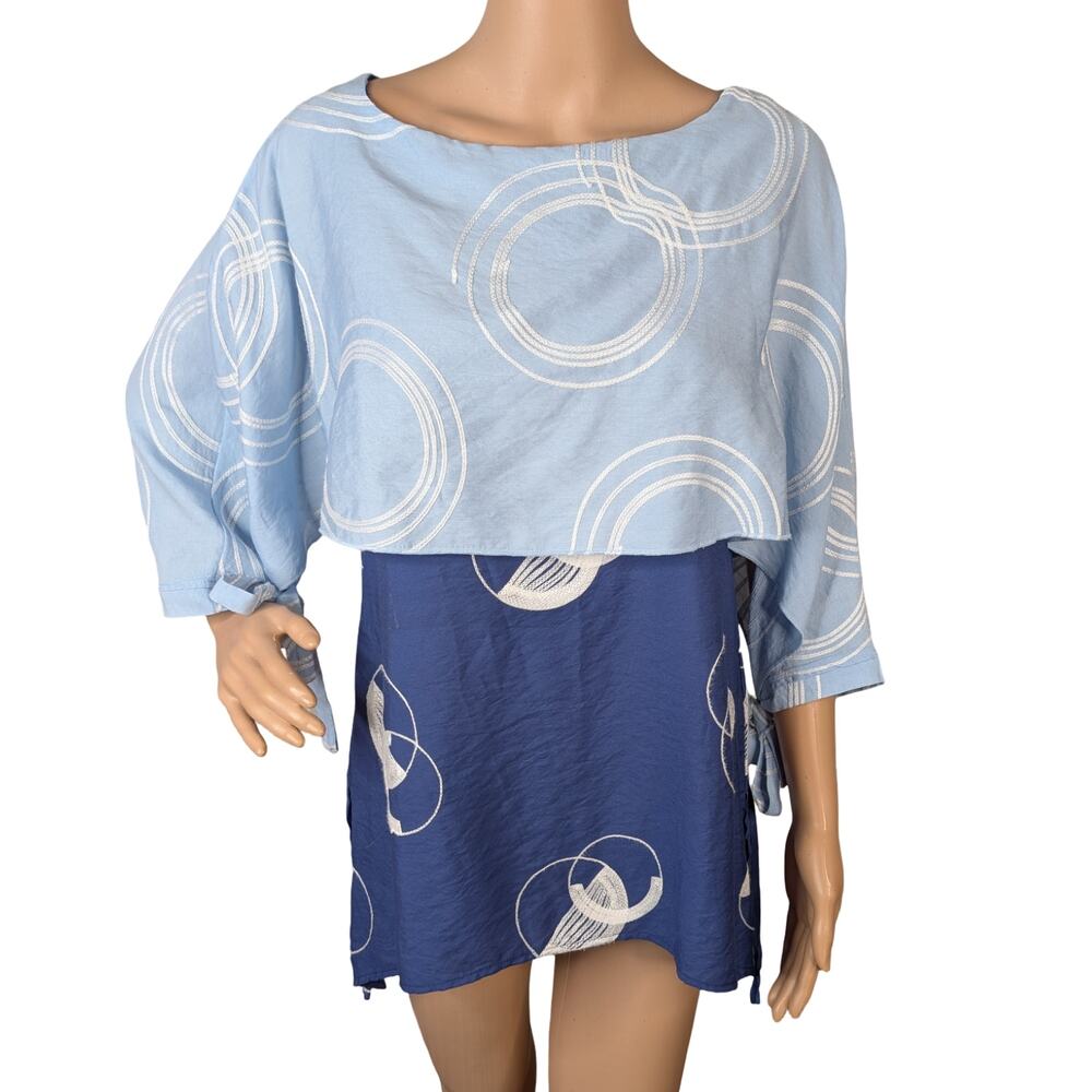 Radzoli Layered Lagenlook Navy Blue Pastel Embroidered Tie-Sleeve Tunic Top MP